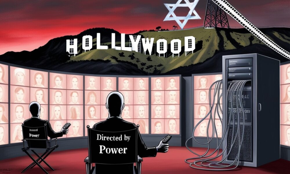 Editorial illustration of Hollywood under the shadow of a Star of David, symbolizing censorship and pro-Israel corporate control.
