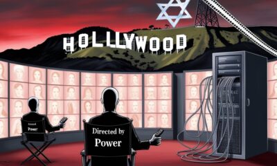 Editorial illustration of Hollywood under the shadow of a Star of David, symbolizing censorship and pro-Israel corporate control.