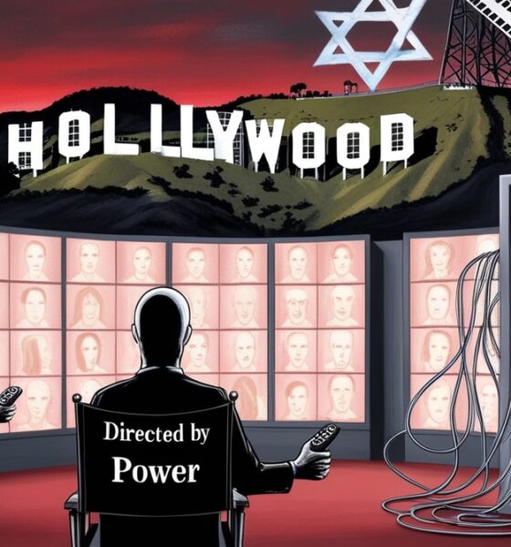 Editorial illustration of Hollywood under the shadow of a Star of David, symbolizing censorship and pro-Israel corporate control.