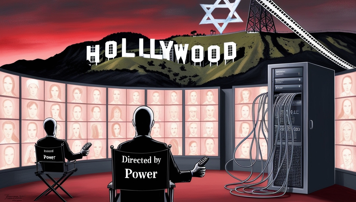 Editorial illustration of Hollywood under the shadow of a Star of David, symbolizing censorship and pro-Israel corporate control.