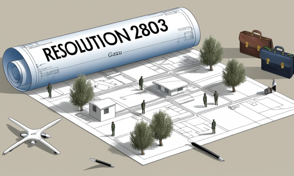Editorial illustration showing a large blueprint labeled ‘Resolution 2803’ being unrolled across Gaza and the West Bank. The blueprint overlays homes, streets, and olive trees, reducing them to technical lines. Palestinian figures appear pushed to the edges while pens shaped like drones and diplomatic briefcases continue drawing on the map