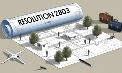 Editorial illustration showing a large blueprint labeled ‘Resolution 2803’ being unrolled across Gaza and the West Bank. The blueprint overlays homes, streets, and olive trees, reducing them to technical lines. Palestinian figures appear pushed to the edges while pens shaped like drones and diplomatic briefcases continue drawing on the map