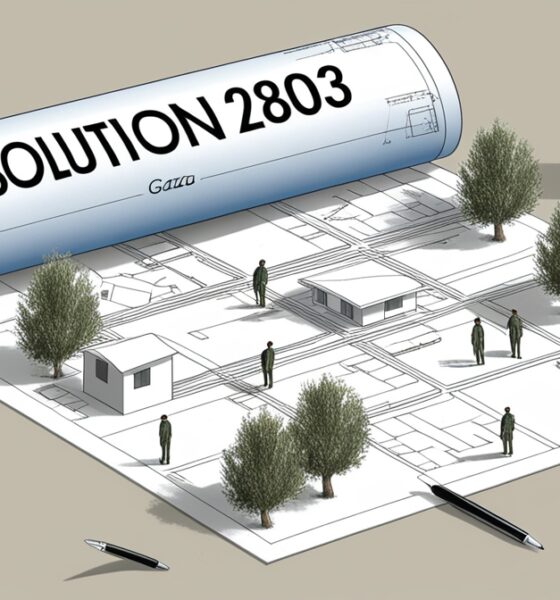 Editorial illustration showing a large blueprint labeled ‘Resolution 2803’ being unrolled across Gaza and the West Bank. The blueprint overlays homes, streets, and olive trees, reducing them to technical lines. Palestinian figures appear pushed to the edges while pens shaped like drones and diplomatic briefcases continue drawing on the map
