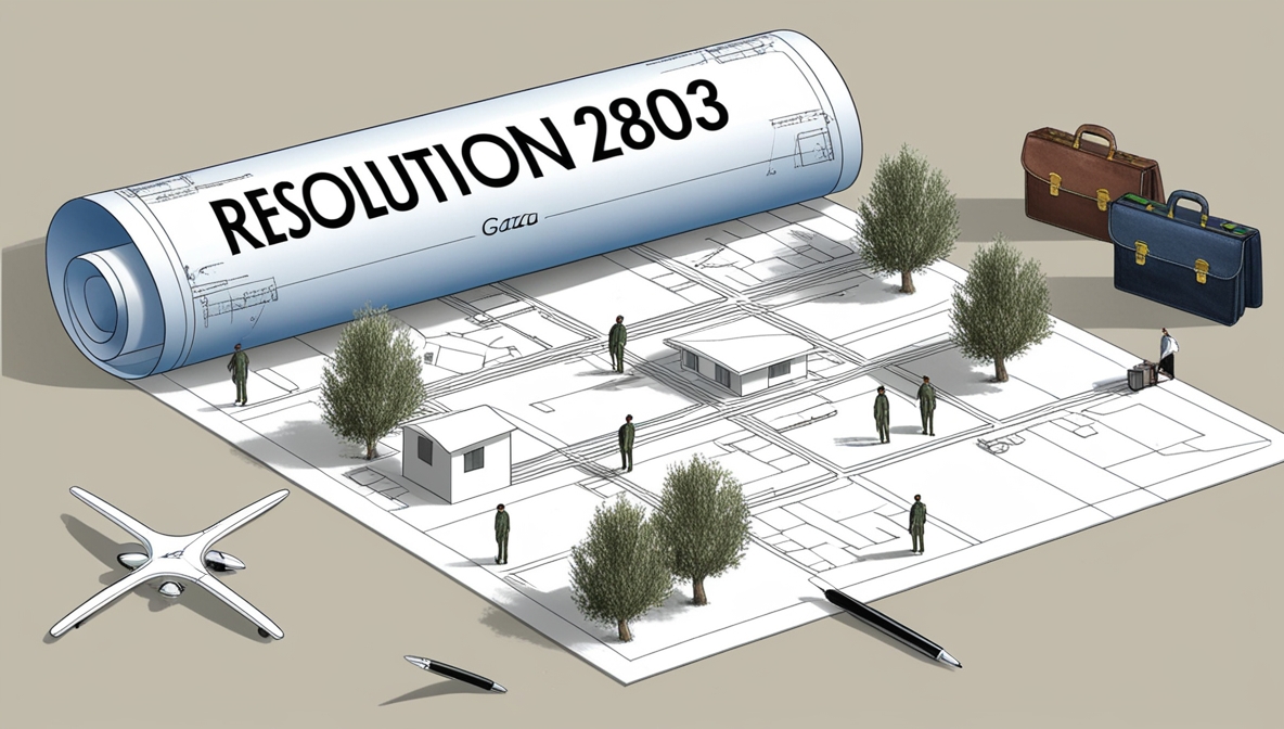Editorial illustration showing a large blueprint labeled ‘Resolution 2803’ being unrolled across Gaza and the West Bank. The blueprint overlays homes, streets, and olive trees, reducing them to technical lines. Palestinian figures appear pushed to the edges while pens shaped like drones and diplomatic briefcases continue drawing on the map