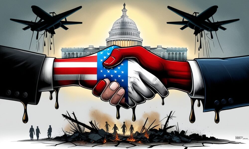 Ilustrasi editorial simbolik tentang jabat tangan berdarah antara Israel dan Arab Saudi di atas peta Timur Tengah yang retak, dengan reruntuhan Gaza di bawahnya dan bayangan Capitol AS di belakang.