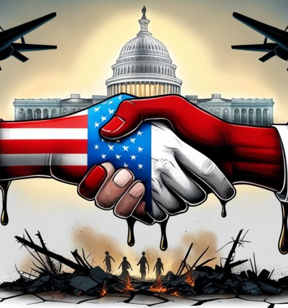 Ilustrasi editorial simbolik tentang jabat tangan berdarah antara Israel dan Arab Saudi di atas peta Timur Tengah yang retak, dengan reruntuhan Gaza di bawahnya dan bayangan Capitol AS di belakang.