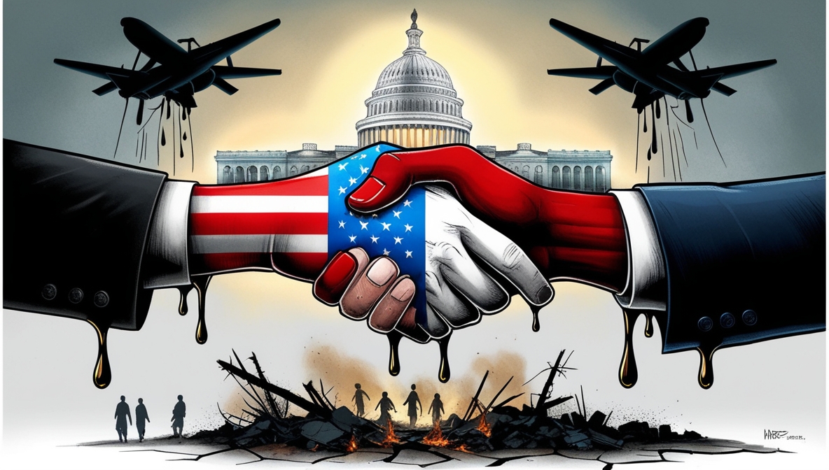Ilustrasi editorial simbolik tentang jabat tangan berdarah antara Israel dan Arab Saudi di atas peta Timur Tengah yang retak, dengan reruntuhan Gaza di bawahnya dan bayangan Capitol AS di belakang.