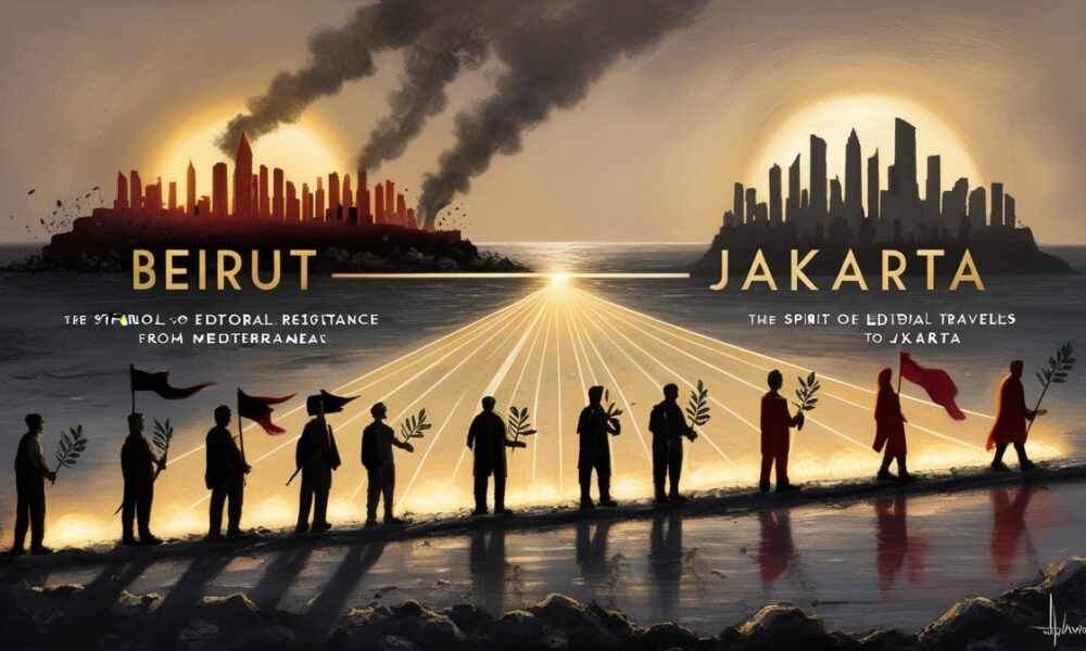 Illustration of Beirut and Jakarta connected by light, symbolizing shared resistance and solidarity for Palestine.