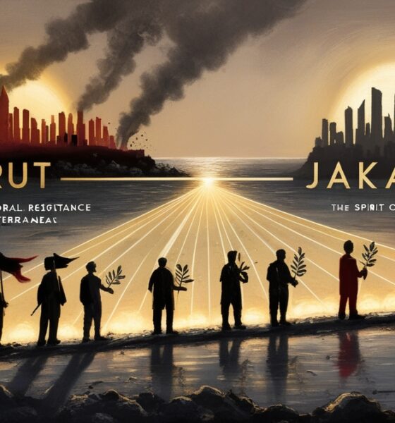 Illustration of Beirut and Jakarta connected by light, symbolizing shared resistance and solidarity for Palestine.