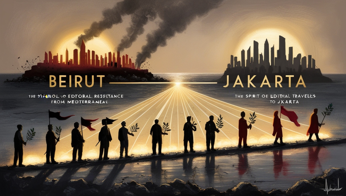 Illustration of Beirut and Jakarta connected by light, symbolizing shared resistance and solidarity for Palestine.