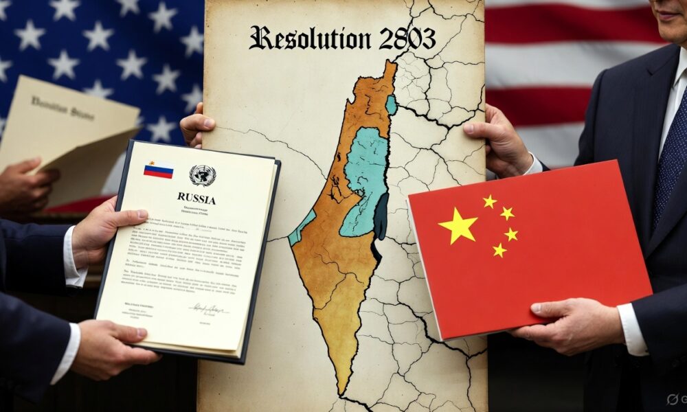 Editorial illustration of Russia and China showing symbolic support toward a cracked map of Palestine while the US pushes Resolution 2803