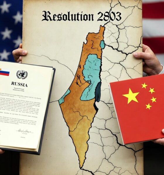 Editorial illustration of Russia and China showing symbolic support toward a cracked map of Palestine while the US pushes Resolution 2803