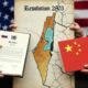 Editorial illustration of Russia and China showing symbolic support toward a cracked map of Palestine while the US pushes Resolution 2803
