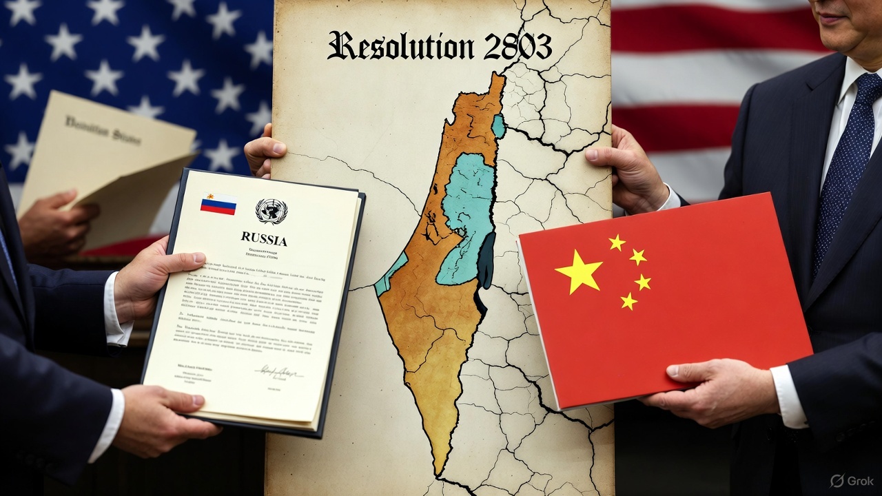 Editorial illustration of Russia and China showing symbolic support toward a cracked map of Palestine while the US pushes Resolution 2803