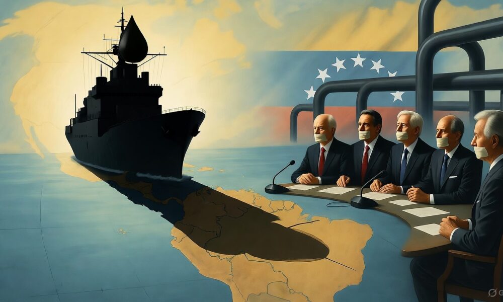 Editorial illustration of U.S. warship overshadowing Venezuela, symbolizing world silence and oil-driven arrogance.