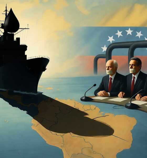 Editorial illustration of U.S. warship overshadowing Venezuela, symbolizing world silence and oil-driven arrogance.