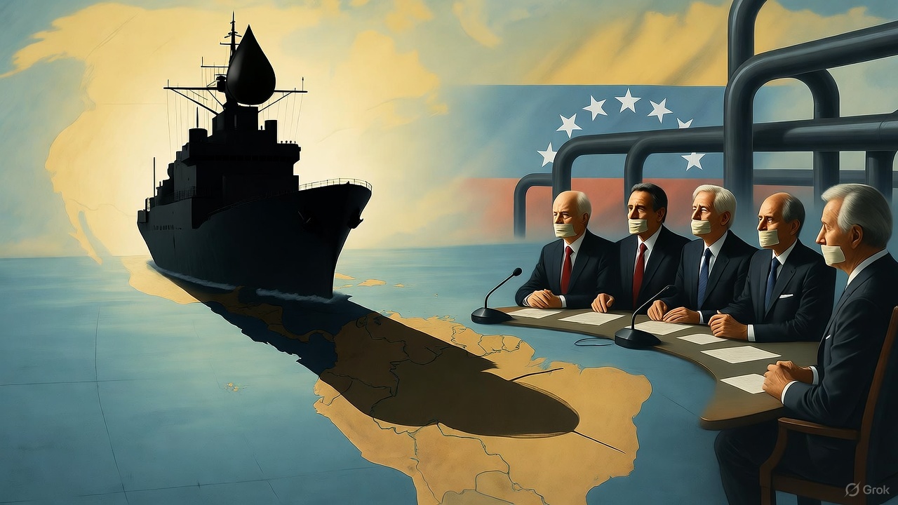 Editorial illustration of U.S. warship overshadowing Venezuela, symbolizing world silence and oil-driven arrogance.