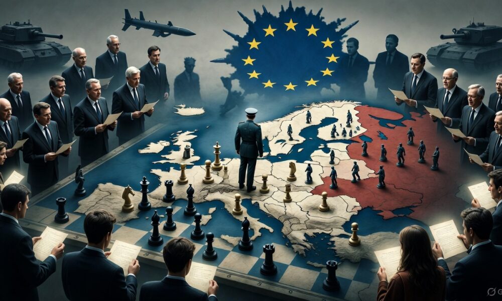Editorial illustration of Europe’s militarization, showing generals pushing NATO troops on a chessboard map toward Russia.