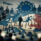Editorial illustration of Europe’s militarization, showing generals pushing NATO troops on a chessboard map toward Russia.