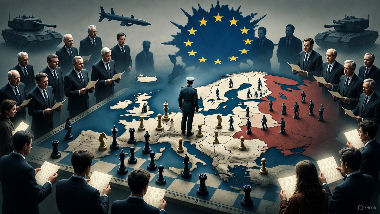 Editorial illustration of Europe’s militarization, showing generals pushing NATO troops on a chessboard map toward Russia.