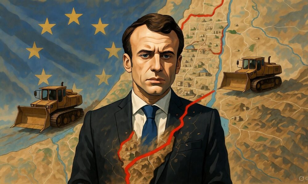 Ilustrasi editorial Macron menggambar garis merah di peta Tepi Barat yang perlahan memudar, sementara permukiman Israel terus meluas di belakangnya.
