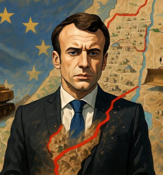 Ilustrasi editorial Macron menggambar garis merah di peta Tepi Barat yang perlahan memudar, sementara permukiman Israel terus meluas di belakangnya.