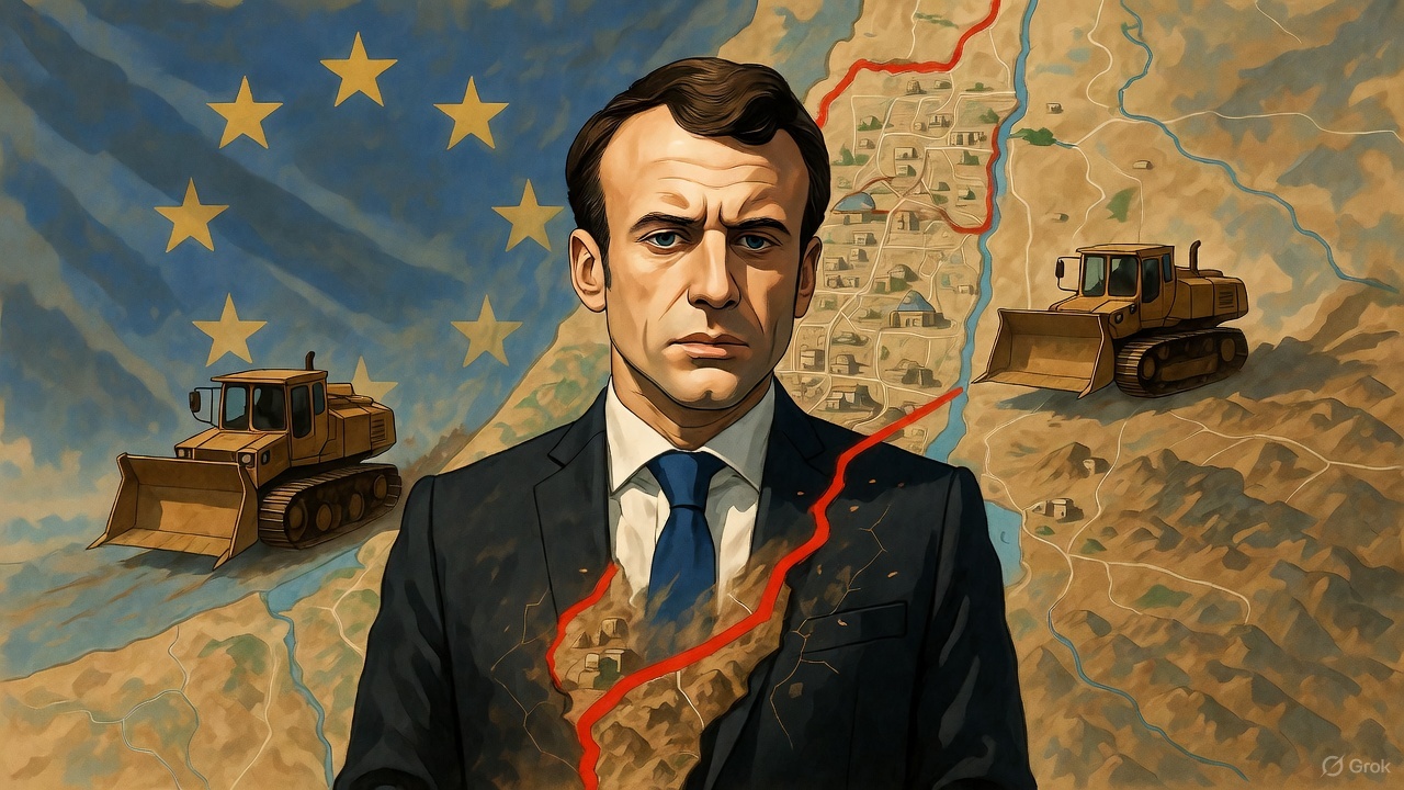 Ilustrasi editorial Macron menggambar garis merah di peta Tepi Barat yang perlahan memudar, sementara permukiman Israel terus meluas di belakangnya.