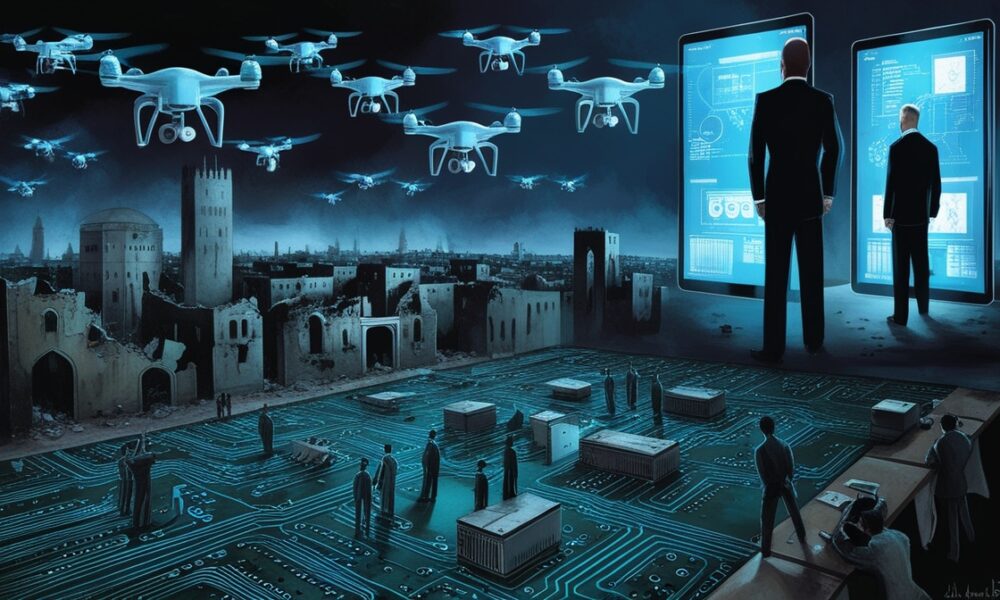 Symbolic illustration of Gaza as a military testing ground under foreign control.