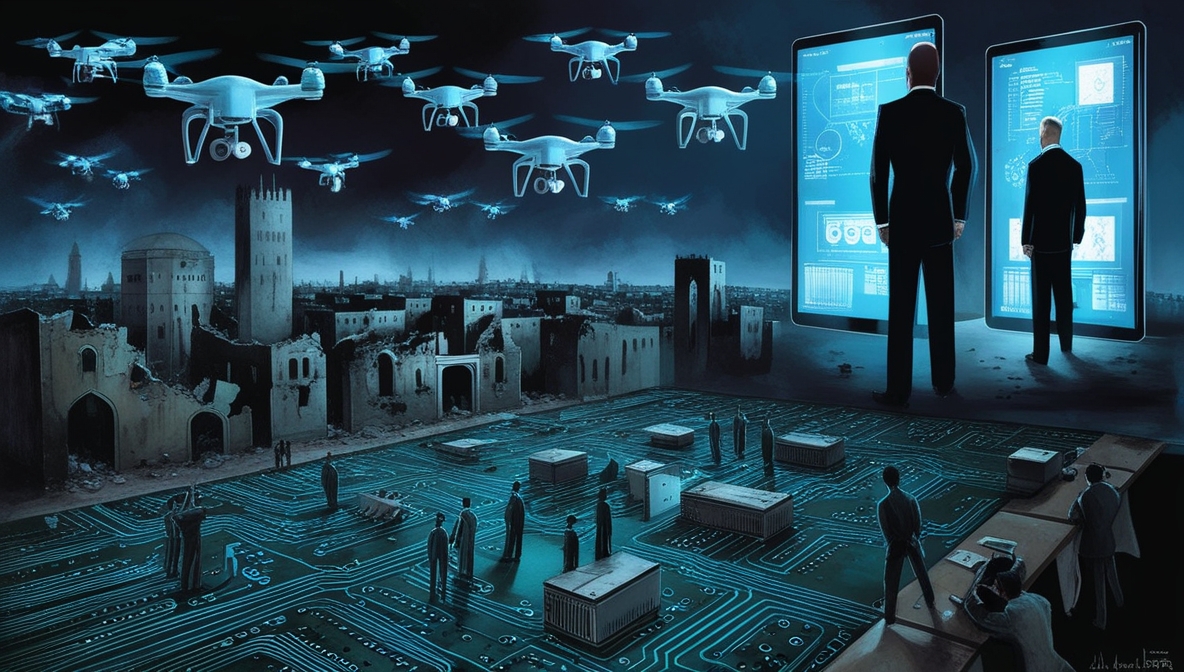 Symbolic illustration of Gaza as a military testing ground under foreign control.