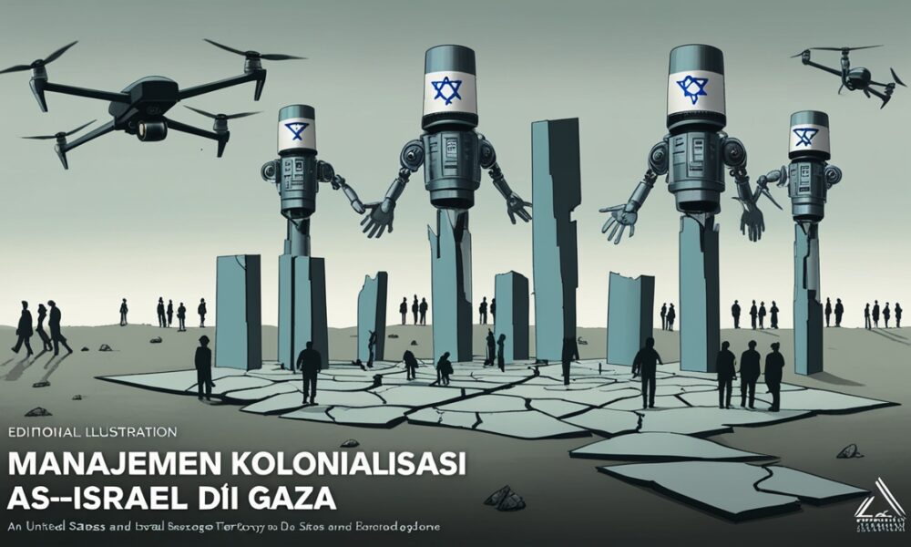 Ilustrasi editorial yang menampilkan Gaza sebagai wilayah terfragmentasi dengan garis batas abstrak, drone pengawas, dan simbol mesin birokrasi AS–Israel yang mengatur potongan wilayah seperti papan strategi.