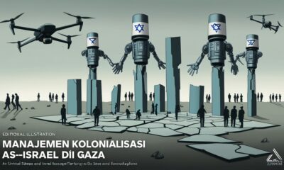 Ilustrasi editorial yang menampilkan Gaza sebagai wilayah terfragmentasi dengan garis batas abstrak, drone pengawas, dan simbol mesin birokrasi AS–Israel yang mengatur potongan wilayah seperti papan strategi.