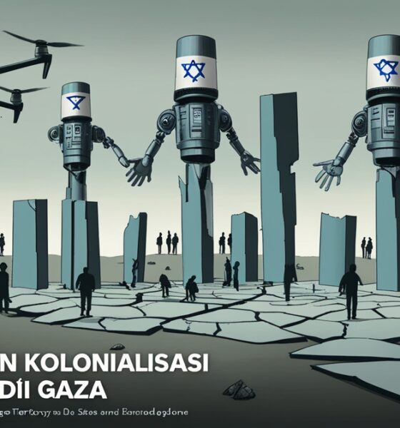 Ilustrasi editorial yang menampilkan Gaza sebagai wilayah terfragmentasi dengan garis batas abstrak, drone pengawas, dan simbol mesin birokrasi AS–Israel yang mengatur potongan wilayah seperti papan strategi.