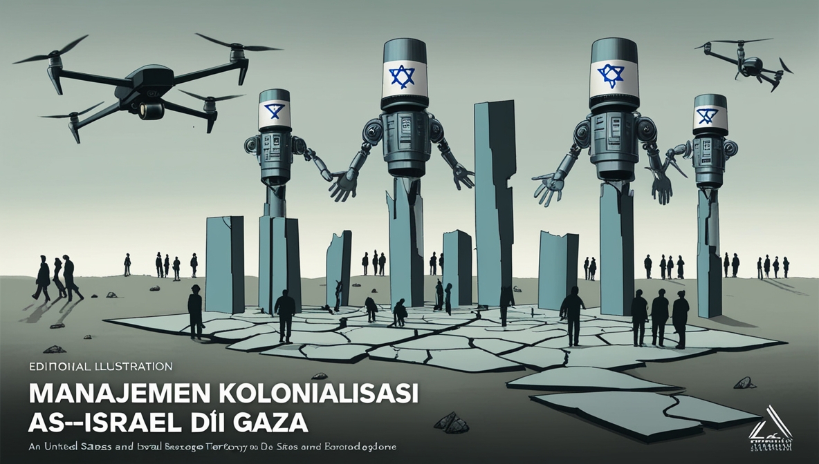 Ilustrasi editorial yang menampilkan Gaza sebagai wilayah terfragmentasi dengan garis batas abstrak, drone pengawas, dan simbol mesin birokrasi AS–Israel yang mengatur potongan wilayah seperti papan strategi.