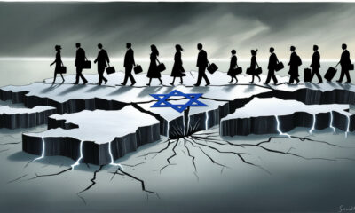 Silhouette warga Israel berjalan menjauh dari fondasi retak berbentuk negara, menggambarkan gelombang emigrasi dan krisis internal.