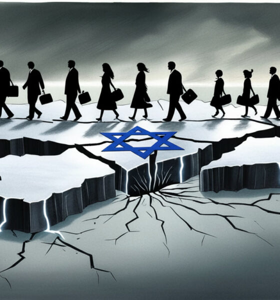 Silhouette warga Israel berjalan menjauh dari fondasi retak berbentuk negara, menggambarkan gelombang emigrasi dan krisis internal.