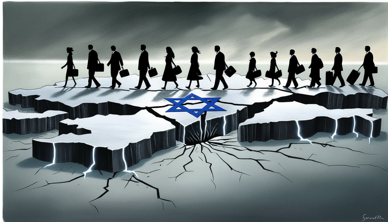 Silhouette warga Israel berjalan menjauh dari fondasi retak berbentuk negara, menggambarkan gelombang emigrasi dan krisis internal.