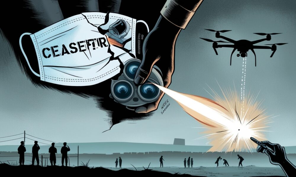 Illustration of a cracked “ceasefire” mask lifted by a military hand, revealing hidden weapons and surveillance tools behind it.