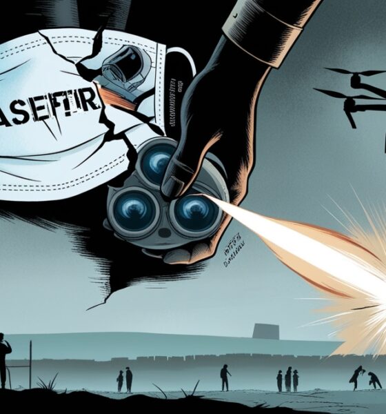 Illustration of a cracked “ceasefire” mask lifted by a military hand, revealing hidden weapons and surveillance tools behind it.