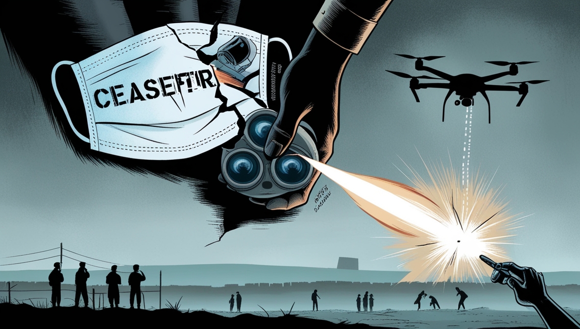 Illustration of a cracked “ceasefire” mask lifted by a military hand, revealing hidden weapons and surveillance tools behind it.