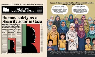 Editorial illustration contrasting Western media framing of Hamas as a mere security actor with Gazan civilians who view it as a resistance movement defending their homeland.
