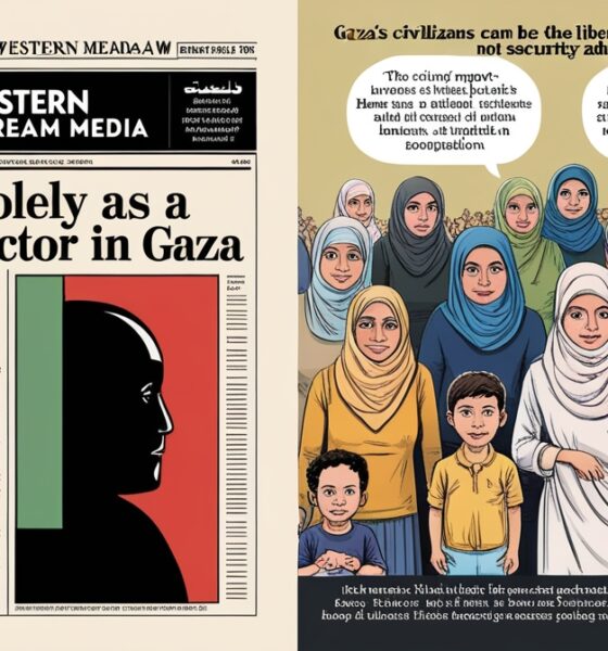 Editorial illustration contrasting Western media framing of Hamas as a mere security actor with Gazan civilians who view it as a resistance movement defending their homeland.