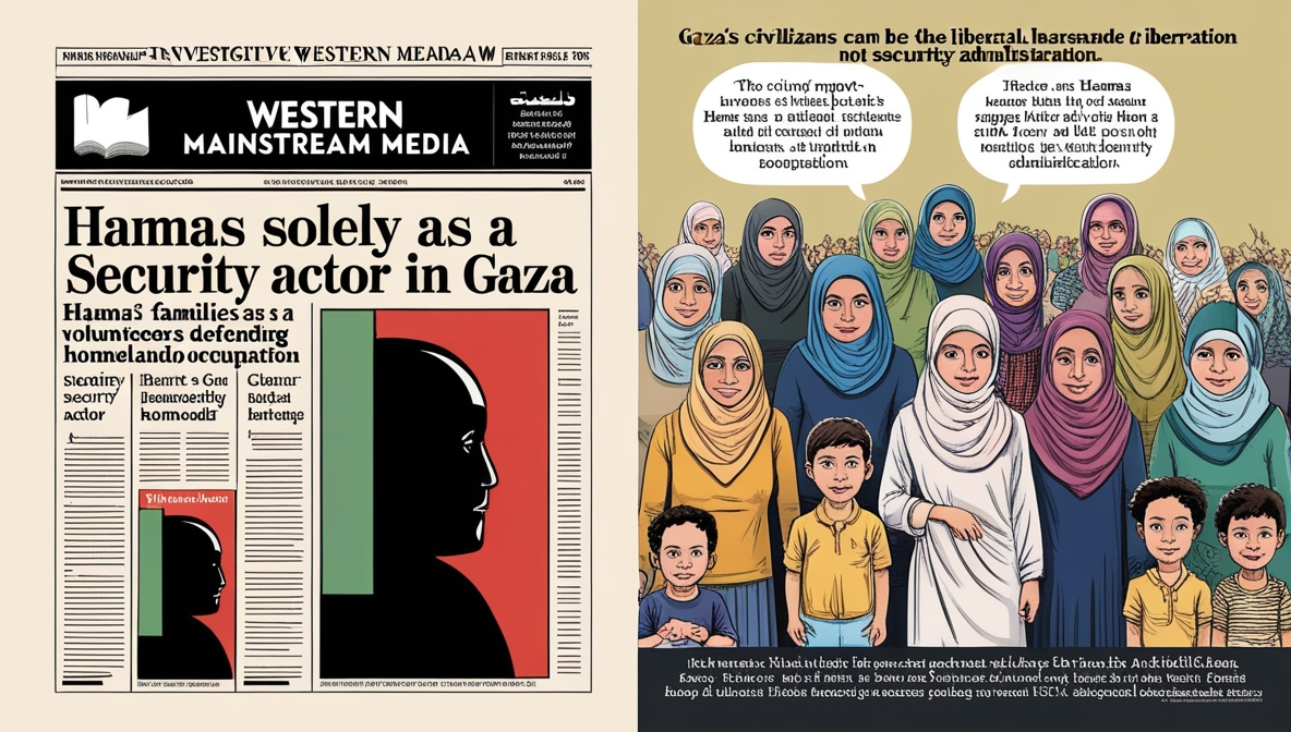 Editorial illustration contrasting Western media framing of Hamas as a mere security actor with Gazan civilians who view it as a resistance movement defending their homeland.