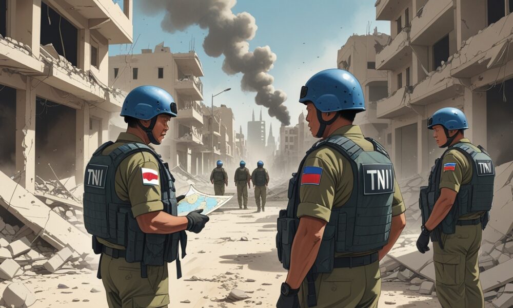 “Indonesian UN peacekeepers standing amid Gaza’s ruins, looking uncertain as they assess the devastated surroundings.”