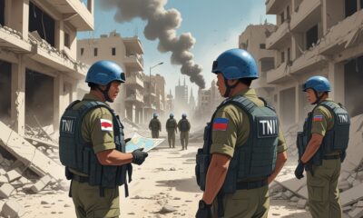 “Indonesian UN peacekeepers standing amid Gaza’s ruins, looking uncertain as they assess the devastated surroundings.”