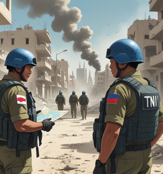 “Indonesian UN peacekeepers standing amid Gaza’s ruins, looking uncertain as they assess the devastated surroundings.”