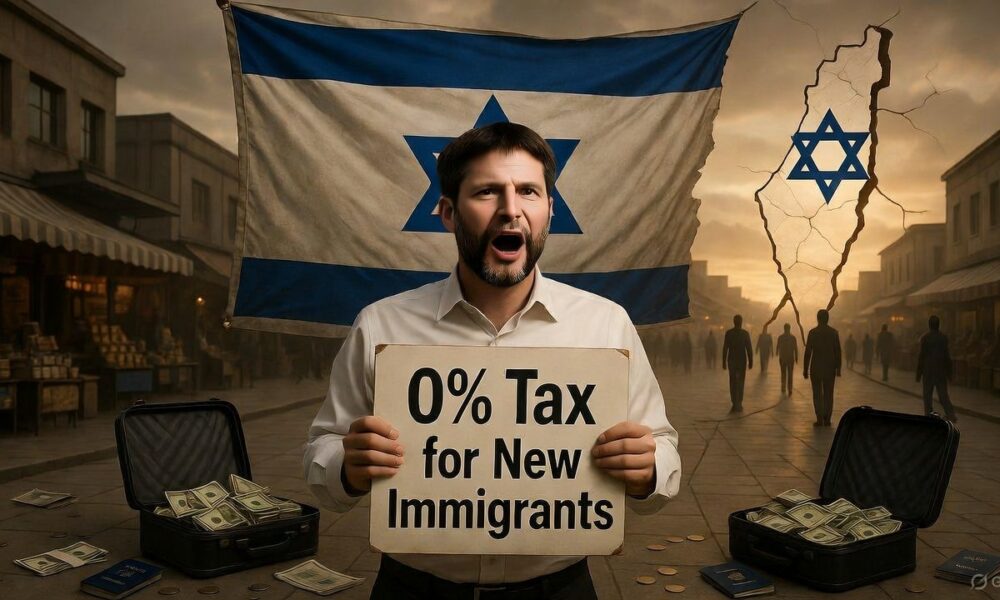Bezalel Smotrich offers tax incentives in a symbolic market, with a cracked map of Israel and citizens walking away.