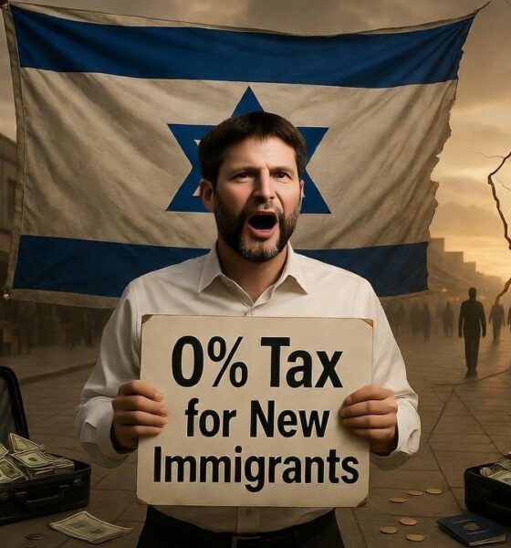 Bezalel Smotrich offers tax incentives in a symbolic market, with a cracked map of Israel and citizens walking away.