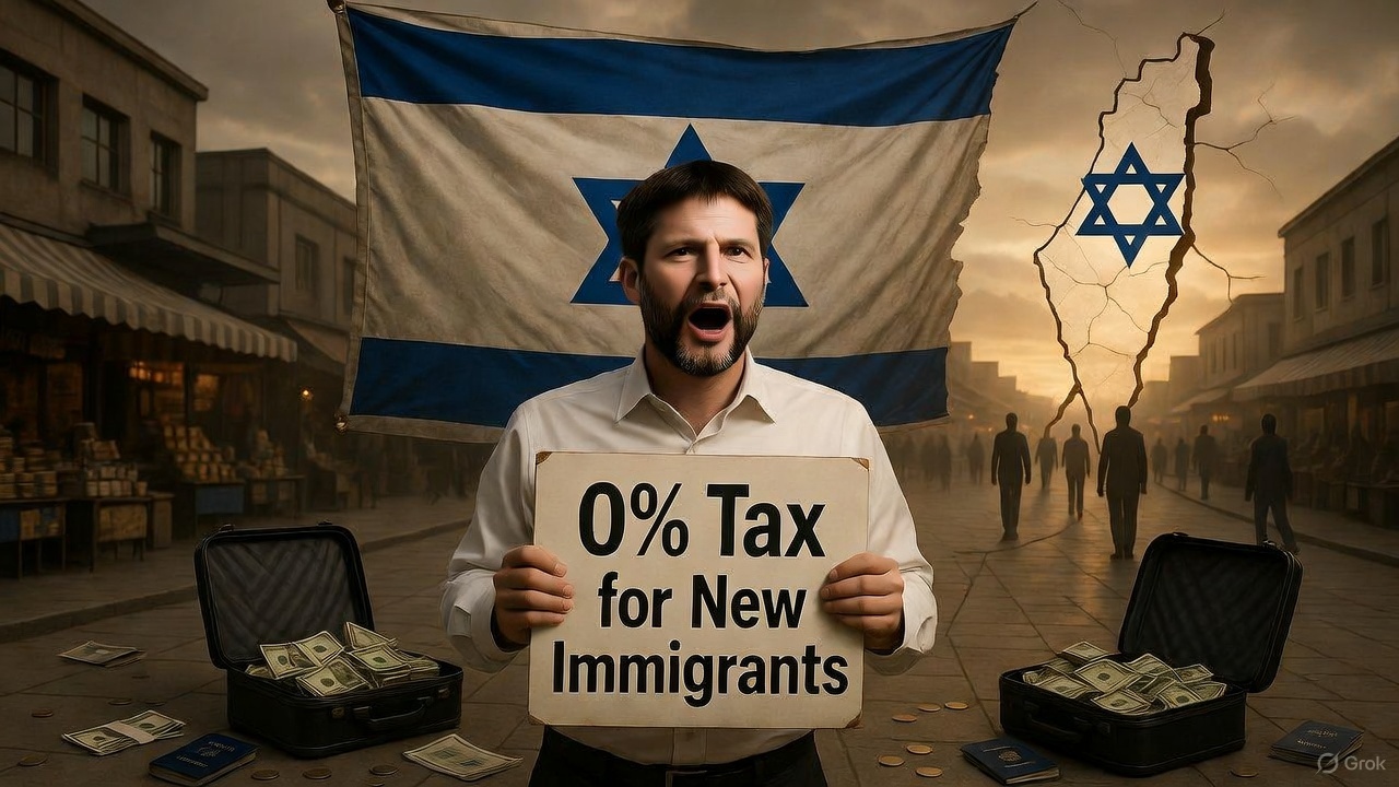 Bezalel Smotrich offers tax incentives in a symbolic market, with a cracked map of Israel and citizens walking away.