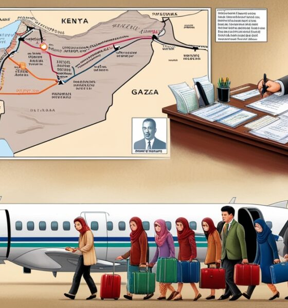 Ilustrasi editorial yang menggambarkan rute keluarnya warga Gaza yang diarahkan pejabat Israel melalui dokumen dan charter flight.
