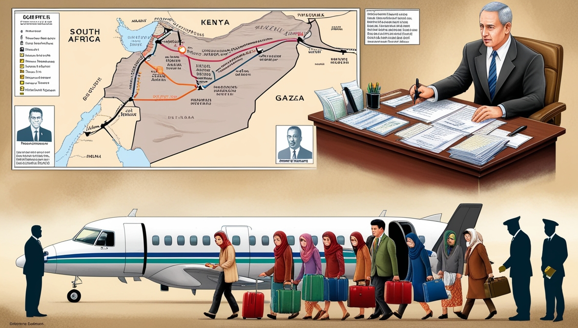 Ilustrasi editorial yang menggambarkan rute keluarnya warga Gaza yang diarahkan pejabat Israel melalui dokumen dan charter flight.